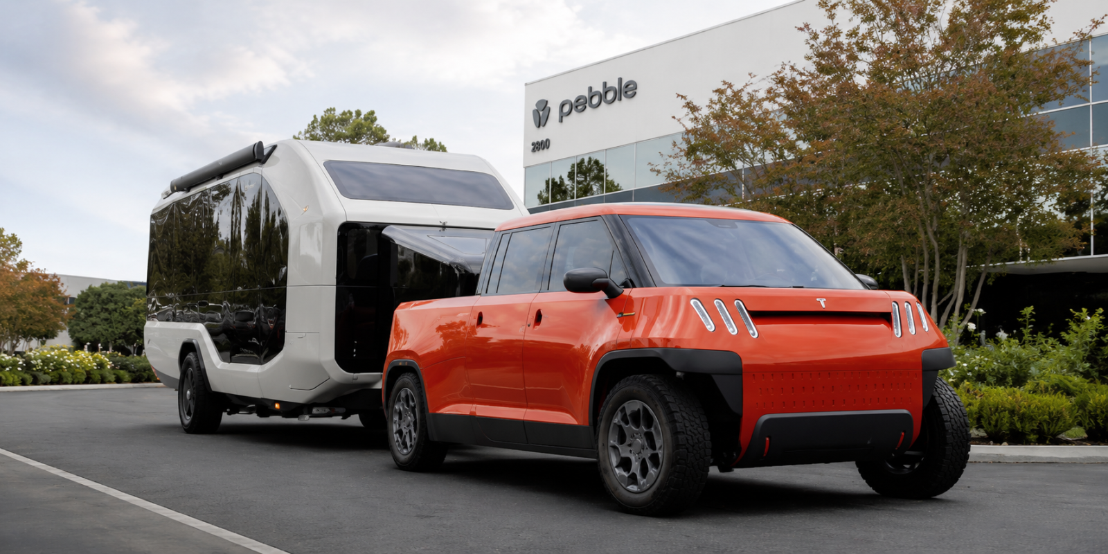 Pebble Flow electric RV towed by TELO’s MINI-sized electric truck