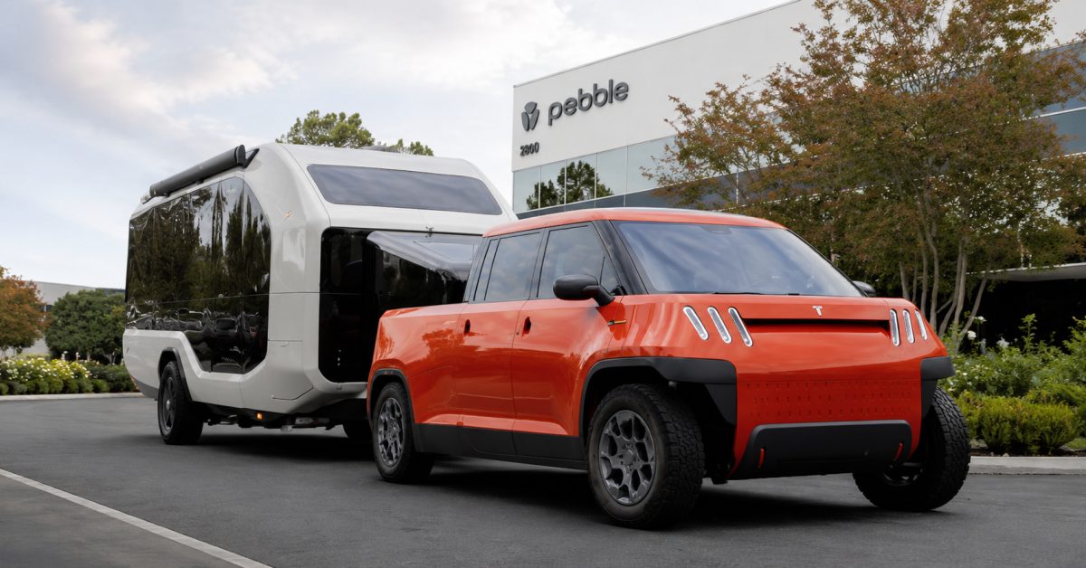 Pebble Flow electric RV towed by TELO’s MINI-sized electric truck