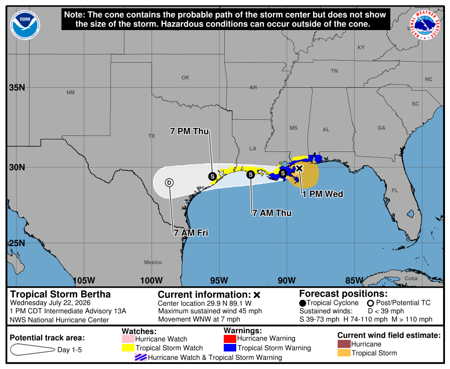 Tropical Storm Bertha makes its first landfall in southeastern Louisiana