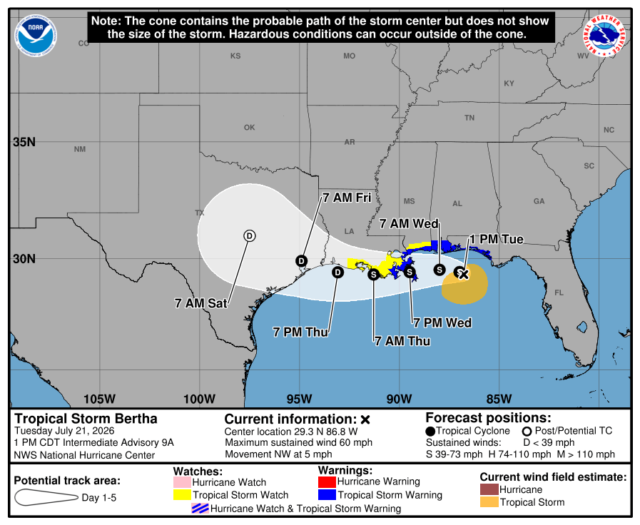 Tormenta Tropical Bertha avanza lentamente por el Golfo, fuerte cizalladura del viento está afectando su desarrollo